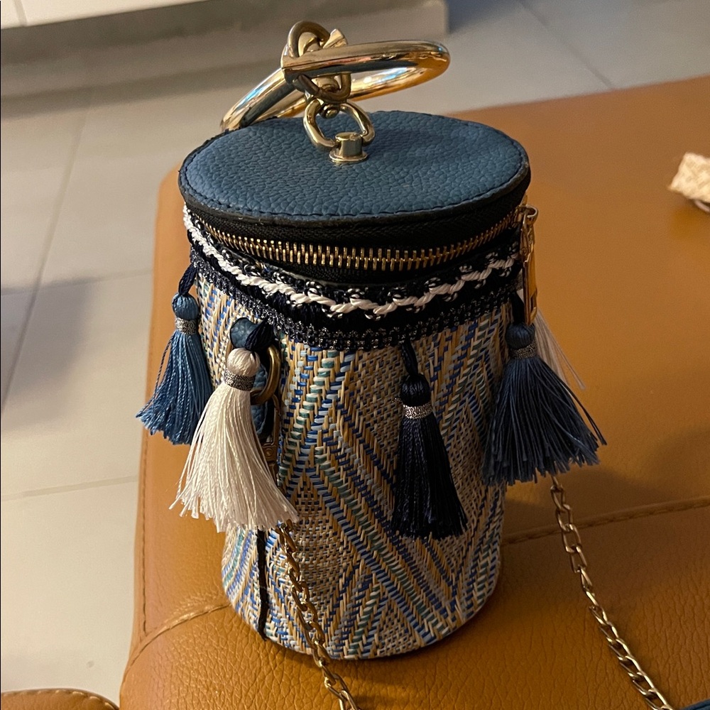 Stylish Blue and Tan Tassel Cylinder Bag